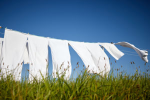 Clean White Clothes Hanging on Rope in Green Meadow